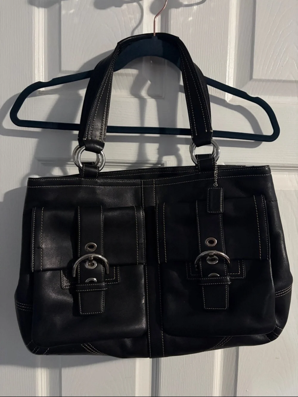 Classic Black Leather Tote Handbag - Black